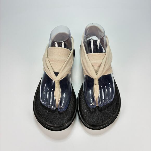 Sanuk Yoga Sling 2 Beige Black Slingback Sandals Flip Flops SWS10001 Womens Sz 9 - Picture 2 of 7